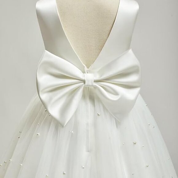 New White Flower Girl Dress with Pearls & Bow – Size 4T, Satin & Tulle - Picture 3 of 3